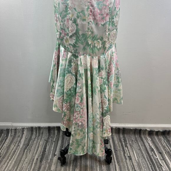 VINTAGE Strapless Floral Mermaid Dress Green Pink Satin Body Hugging Midi OOAK - Picture 6 of 7